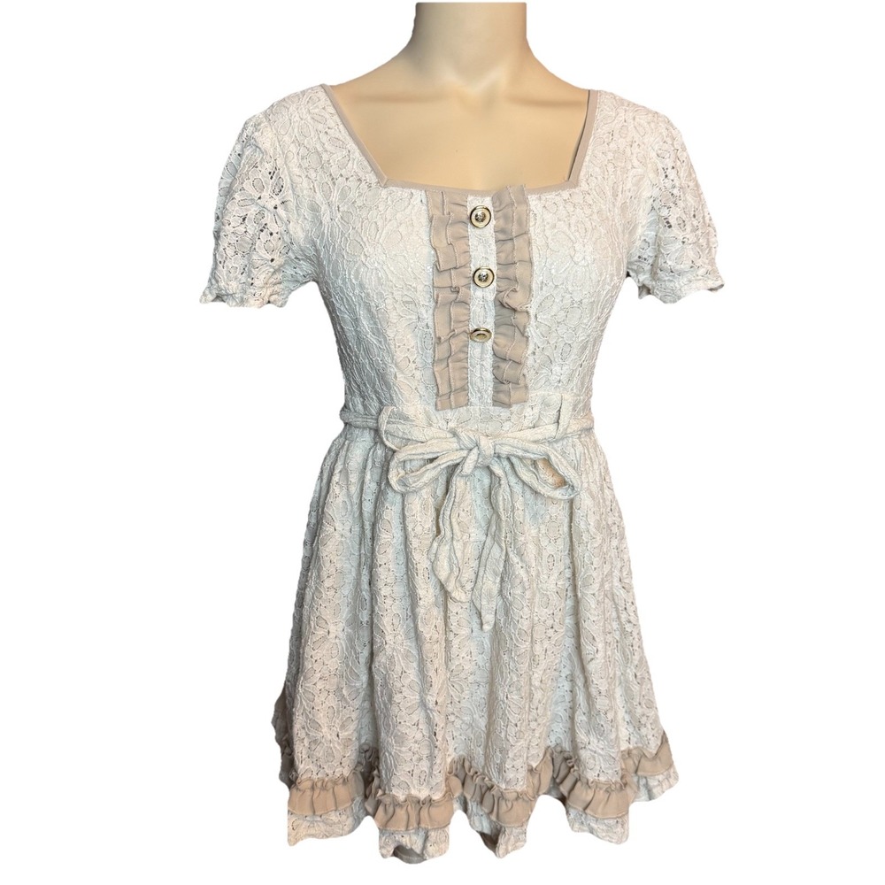 Axes Femme Cream Lace Dress – Layered Hem, square Neck Tie Waist Mori Girl